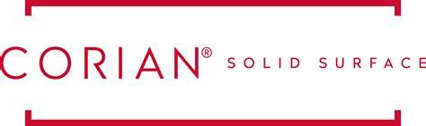 Logo of corian solid surface featuring the brand name in uppercase letters with a red rectangular border.