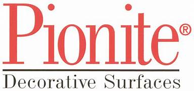 Logo of pionite featuring the brand name in red with the tagline "decorative surfaces" underneath, highlighted by a thin red line.